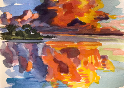 Painting titled Florida Sunset Over Water, Watercolor, 5x 6.25 in, 2022