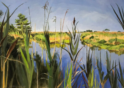 Painting titled Gordon’s Pond, Through the Grasses, Acrylic on Paper, 18x 25 in, 2022