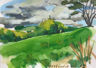 Painting titled Hillside View of Clouds & Sea #2, Watercolor/Gouache, 4.5x 6 in, 2022