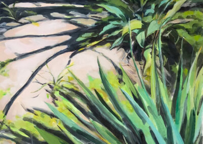 Painting titled "Shadows Among the Yucca," Acrylic on Paper, 14.25x 14 in, 2022
