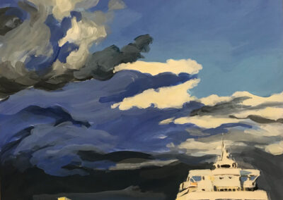 Painting titled "Storm Clouds, Ferry Docking," Acrylic on Paper, 16.75x 14.5 in, 2023