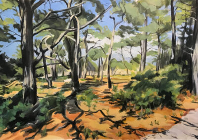 Painting titled "Beach Scrub Pines on a Sunny Day," Acrylic on Paper, 25x 36 in, 2021