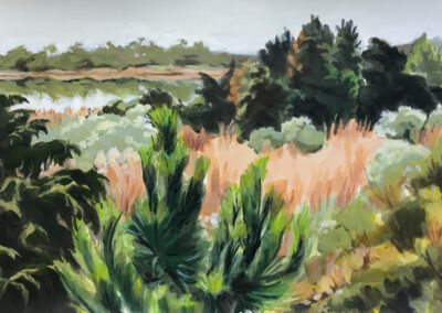 Painting titled "Early Fall at Gordon’s Pond," Acrylic on Paper,11.5x 19.25 in, 2023