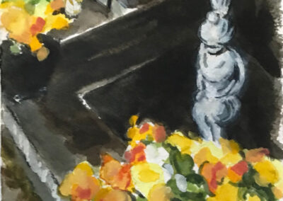 Painting titled Fountain Cherub/ Yellow Flowers, Watercolor/Gouache, 6.25x 4.75, 2023