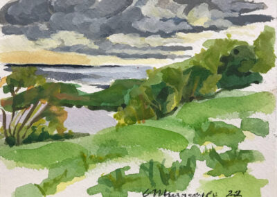 Hillside View of Clouds & Sea #1, Watercolor/Gouache, 4.5x 6 in, 2022