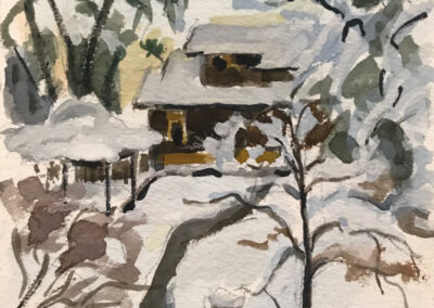 Painting titled "House View, First Snow," Watercolor/Gouache, 6.25x 4.75 in, 2022