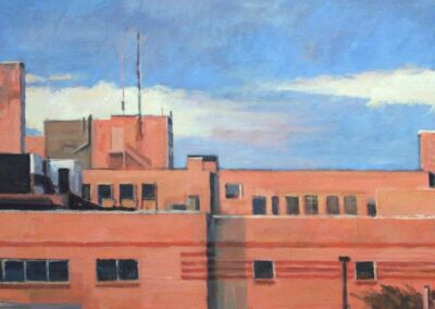 Bee Bee Orange Façade/Blue Sky, acrylic on canvas, 18 1/2" x 37"