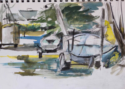 Boat Trailer Yard, watercolor on paper from sketch book, 9" x 12"