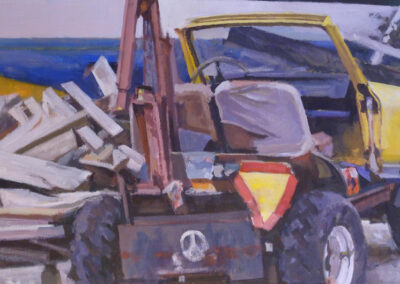 Yellow Jeep & Boatyard, acrylic on canvas, 19" x 35 1/2"
