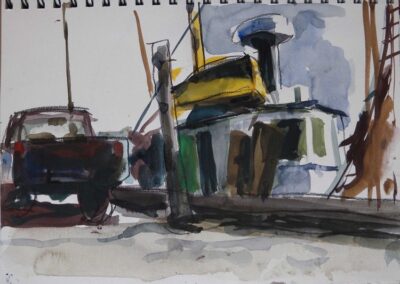 Provincetown Dock with Truck, watercolor & charcoal on paper from sketch book, 8" x 12"