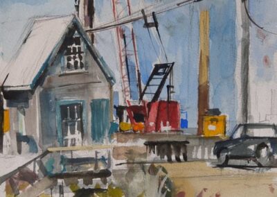 Red Crane at Menemsha, watercolor on paper, 12" x 9"