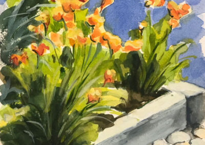 Painting titled Streetside Flower Bed, Watercolor/Gouache, 7.25x 7.25 in, 2023