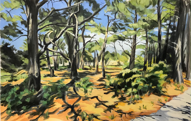 Beach Scrub Pines on a Sunny Day, Acrylic on Paper, 25x 36 in, 2021